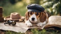 jack russell terrier puppy A beagle puppy wearing a Sherlock Holmes cap sitting next to a magnifying glass Royalty Free Stock Photo