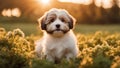 jack russell terrier puppy A delightful Havanese puppy with a joyful expression, sitting on a soft bed of moss and clover,