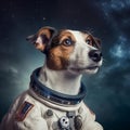 Jack russell terrier in space wearing an astronaut suit, with happiness on his face, AI render