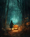 Jack skelliton walking with Halloween pumpkins in a forest Royalty Free Stock Photo