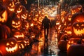 Jack skelliton walking among the pumpkins decorated as Halloween Royalty Free Stock Photo