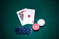 jack spade heart ace card with casino chips stack green poker table. High quality photo Royalty Free Stock Photo