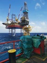 Jack up rig with oil platform at sea with blue sky