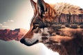 The jackal and the desert. Double exposure. Ai generative