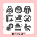 Jacket, downloads folder, buttons modern icons set depicting office, technology and household items in solid style for Royalty Free Stock Photo