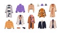 Jackets, coats, hats and scarfs. Fashion female outerwear, clothes and accessories for cold weather, fall. Modern women