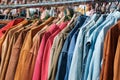 Jackets and shirts on vintage clothing market / second hand fashion flea market Royalty Free Stock Photo
