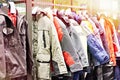 Jackets warm workwear in store Royalty Free Stock Photo