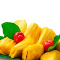 Jackfruit and cherry on banana leaf Royalty Free Stock Photo