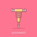 Jackhammer icon in comic style. Demolish package vector illustration on isolated background. Destroy splash effect business