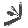 Jackknife kit bold black silhouette icon isolated on white. Survival set with knife, fork, spoon pictogram. Royalty Free Stock Photo