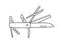 Jackknife multi-tool. Folding army knife. Unfolded position penknife. Contour black line. Vector illustration.