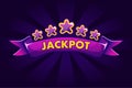 JACKPOT banner background for lottery or casino, slot gambling icons with ribbon and stars