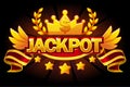 Jackpot banner. Casino label with crown and red award ribbon. Casino jackpot winner awards with golden text and ribbon