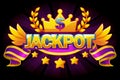 Jackpot banner. Casino label with crown and violet award ribbon. Casino jackpot winner awards with golden text and Royalty Free Stock Photo