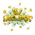 Jackpot casino banner. Colorful objects as a coins, banknotes and huge letter signs.