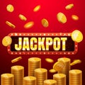 Jackpot casino banner, read more button. Red mobile slots Big win background template with flying coins, retro light Royalty Free Stock Photo