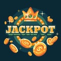 Jackpot casino green round retro sign with flying gold coins flat illustration