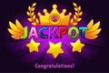 Jackpot casino label with shooting stars on violet background. Casino jackpot winner awards with colored text and wings Royalty Free Stock Photo