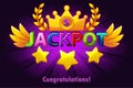 Jackpot casino label with shooting stars on violet background. Casino jackpot winner awards with colored text and wings