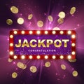 Jackpot casino winner on purple background with light rays. Big win banner. Retro signboard with falling gold coins. Vector