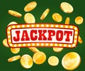 Jackpot gambling poster design. Money coins winner casino success concept. Slot machine game prize Royalty Free Stock Photo