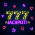 Jackpot - glowing neon motivation sign with three seven on slot machine. Slot machine 777 win combination in neon style Royalty Free Stock Photo