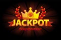 Jackpot gold casino lotto label with crown. Casino jackpot winner awards with golden text and red ribbon. Objects on