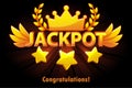 Jackpot gold casino lotto label with shooting stars on black background. Casino jackpot winner awards with golden text