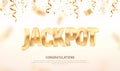 Jackpot golden 3d word on falling down confetti background. Winning vector illustration. Advertising of prize in gamble