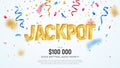 Jackpot golden word on falling down confetti background. Winning vector illustration. Advertising of prize in gamble