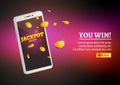 Jackpot money smart phone coins big win. Big income earn mobile technology banner poster