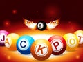 Jackpot and number 8 balls with wings on glowing background