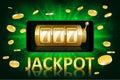 Jackpot shiny gold casino label with money coins. Casino jackpot winner poster gamble with text. Slot machine success