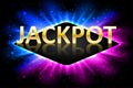 Jackpot shiny gold casino lotto label with neon frame. Casino jackpot winner design gamble with shining text. Vector