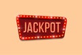 Jackpot sign template. Vector neon Jackpot word on bulb frame. Royalty Free Stock Photo