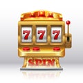 777 jackpot slot machine. Golden casino spin, isolated gambling prize machine. Vector realistic game spinning slot