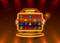 Jackpot slots neon icons, casino slot sign machine, night Vegas.