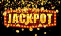 Jackpot Winner banner shining retro sign illuminated by spotlights falling coins and confetti. Lottery cazino vector
