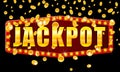 Jackpot Winner banner shining retro sign illuminated by spotlights falling coins. Lottery cazino vector illustration