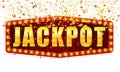 Jackpot Winner banner shining retro sign illuminated by spotlights falling confetti. Lottery cazino vector illustration