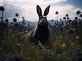 Jackrabbits in grassy meadow