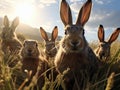 Jackrabbits in grassy meadow