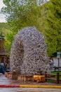 Jackson Hole, USA- May 23 2018: Large elk antler arches curve over Jackson Hole, Wyoming`s square`s, the antlers have