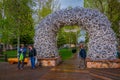 Jackson Hole, USA- May 23 2018: Large elk antler arches curve over Jackson Hole, Wyoming`s square`s, the antlers have Royalty Free Stock Photo