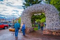 Jackson Hole, USA- May 23 2018: Large elk antler arches curve over Jackson Hole, Wyoming`s square`s, the antlers have Royalty Free Stock Photo