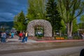 Jackson Hole, USA- May 23 2018: Large elk antler arches curve over Jackson Hole, Wyoming`s square`s, the antlers have Royalty Free Stock Photo