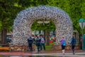 Jackson Hole, USA- May 23 2018: Large elk antler arches curve over Jackson Hole, Wyoming`s square`s, the antlers have