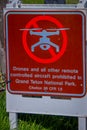 Jackson Hole, USA- May 23 2018: Outdoor view of informative sign of not allow drones of other remote controlled aircraft