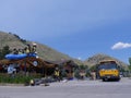 Facade of the Dave Hansen Whitewater and Scenic River Trips building with a school bus Royalty Free Stock Photo